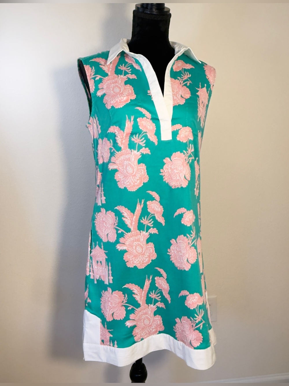 Women’s Teal and Pink 95% Cotton Floral Shift Dress with White Trim Size L